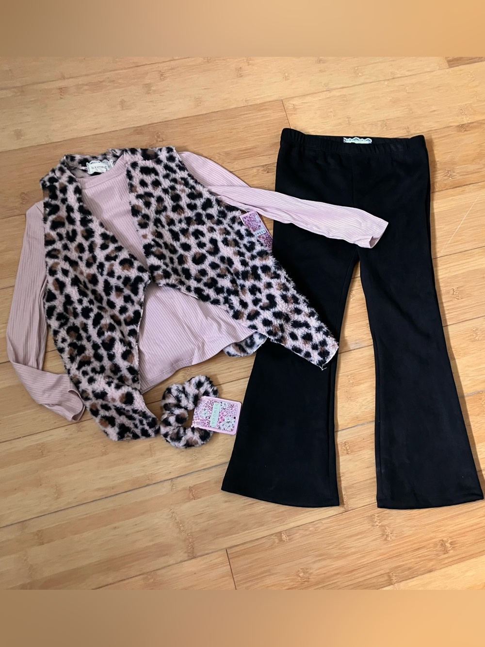 NWT Girls Size 6 Outfit - Beige LS Top, Flowy Leopard Print Vest & Flare Pants
